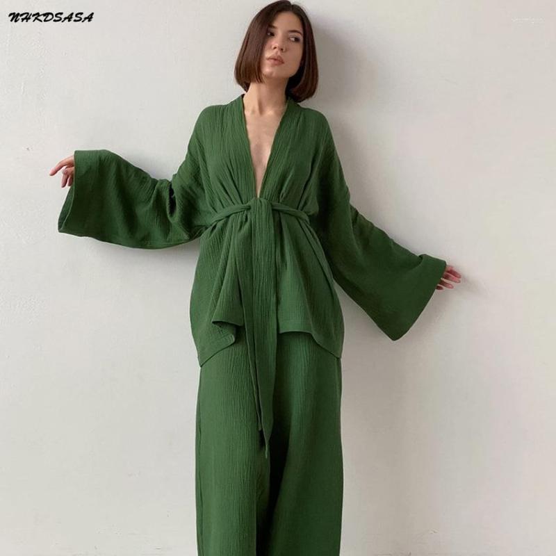 

Women' Sleepwear NHKDSASA Kimono Pajamas 2023 Cotton Crepe Long-Sleeved Trousers Ladies Suit Women' Home Service Mujer, Green