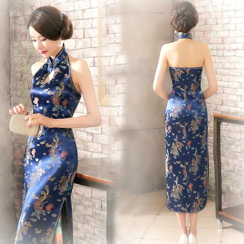 

Ethnic Clothing 16 Color Backless Chinese Qipao Dresses Sleeveless Long Pink Halter Stretch Cheongsam Gold Elegant Dress Women Guzheng Plus