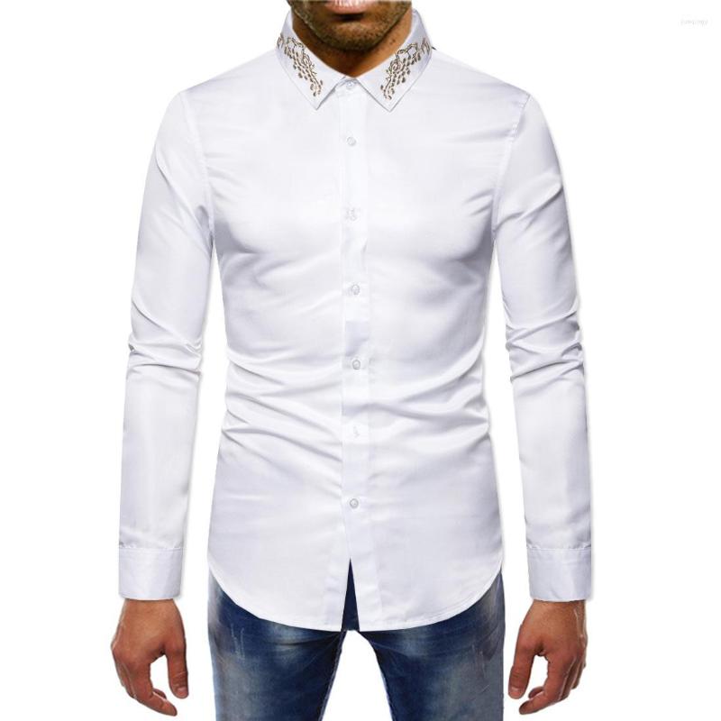 

Men's Dress Shirts Men Collar Embroidery Solid Color Formal Long Sleeve Wedding Party Business Men's Shirt Dinner Tuxedo Chemise Homme, White