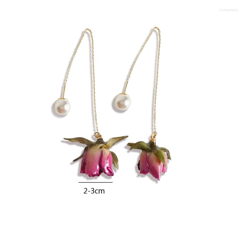 

Dangle Earrings Cute Sweet Red Pressed Flower Long Drop Women Natural Rose Wire Chain Fashion Jewelry C1FE