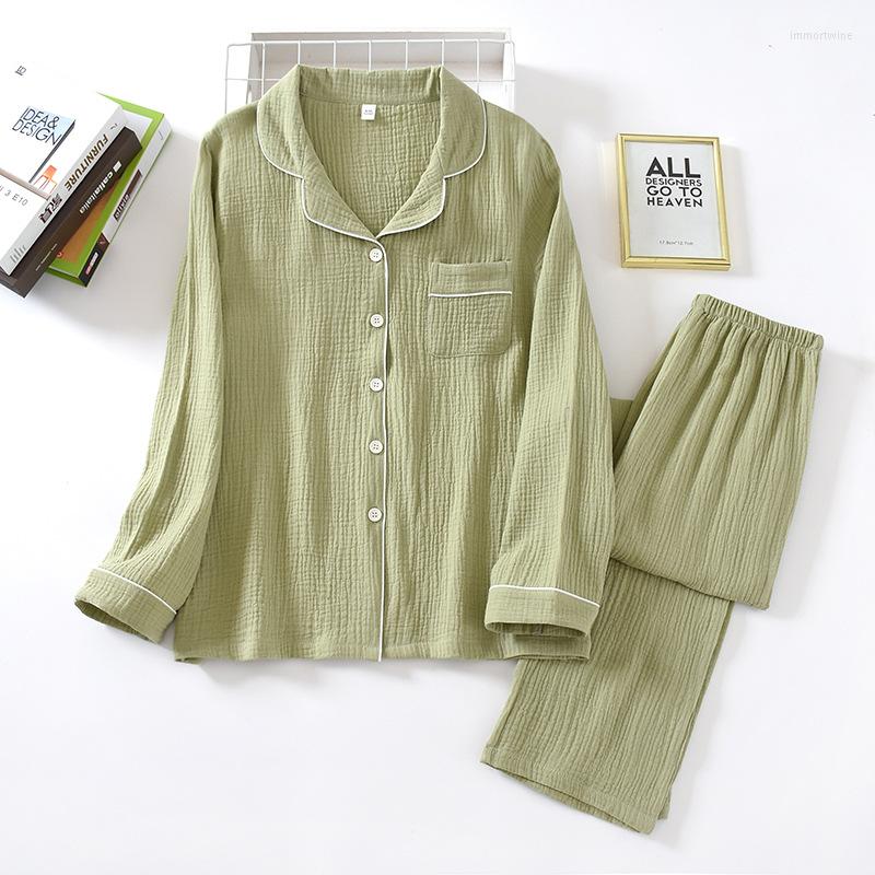 

Women's Sleepwear Spring And Autumn Pure Cotton Crepe Cloth Couple Soft Breathable Men Long-sleeve Simple Home Service Women Two Piece Set, Female pink purple