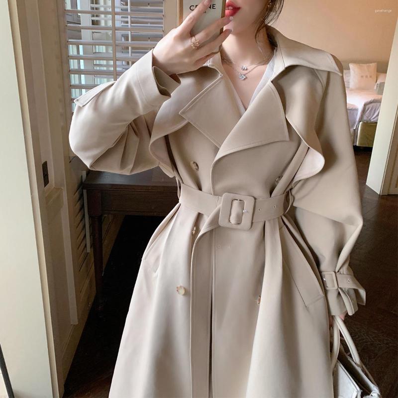 

Women's Trench Coats Women Coat Spring Autumn Ladies Cloak Wear A Belt Satin Fabric Lined Female Windbreakers Jacket Loose, Beige