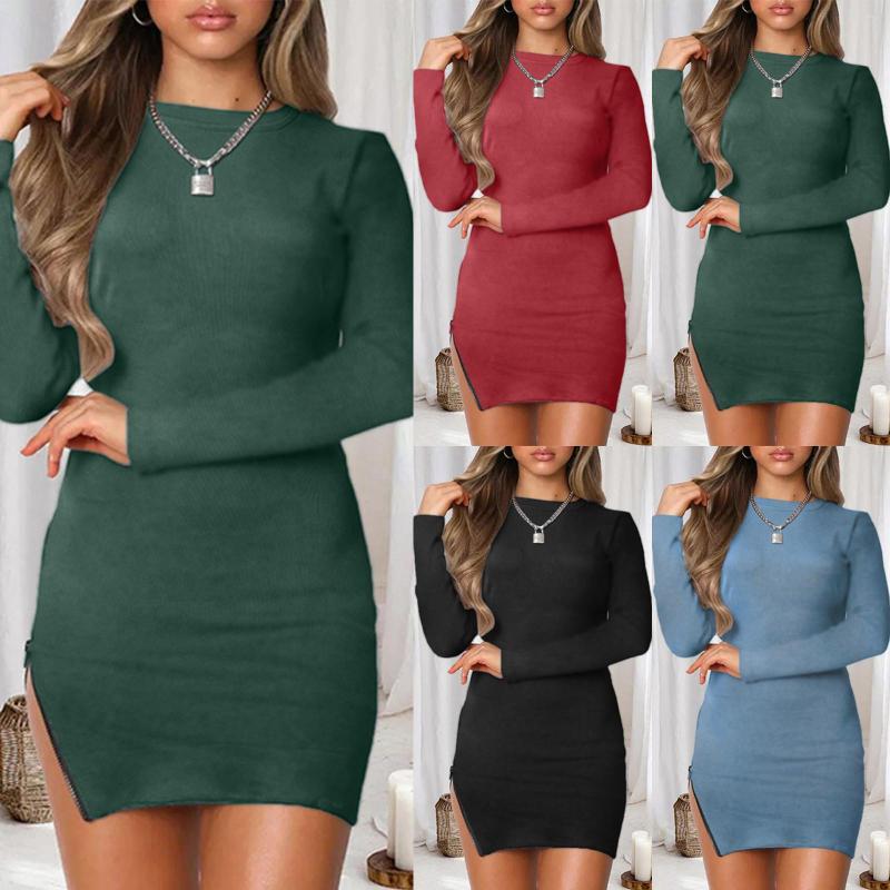 

Casual Dresses Business Dress For Women Office Autumn Winter Solid Color Round Neck Long Sleeve Zipper Bag Hip Leg Pants, Blue