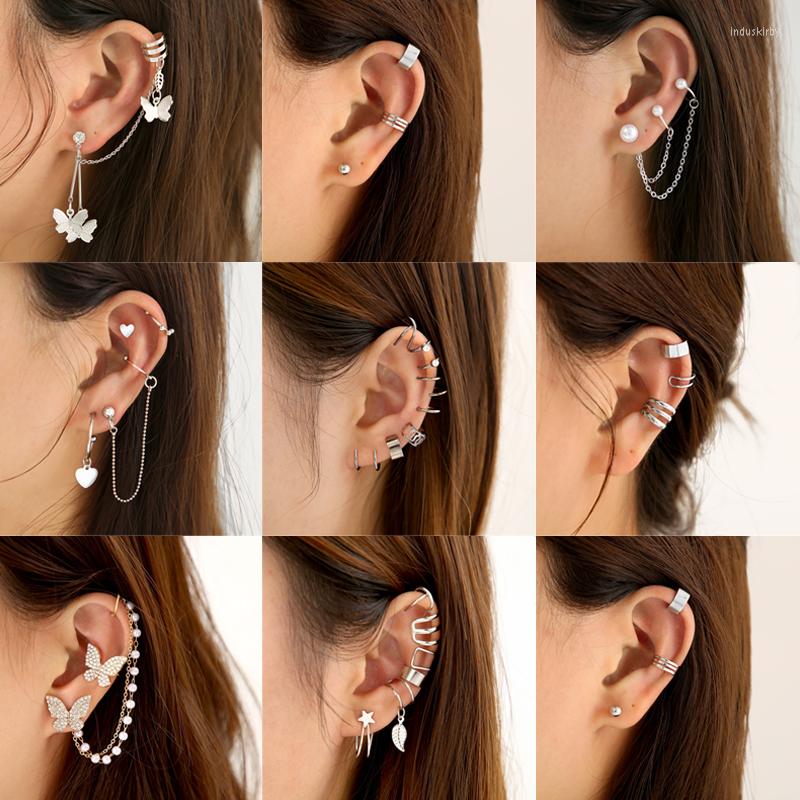 

Backs Earrings Silver Color Butterfly Pearl Ear Clip Stud For Women Men Simple Cuff Non-Piercing Set 2023 Trend Jewelry Gift
