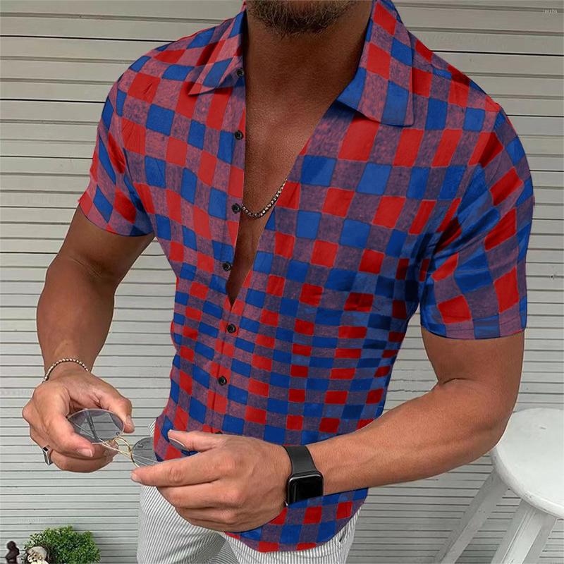 

Men's Casual Shirts Mens Spring And Summer Fashion Sanding Plaid Buckle Lapel Short Sleeve Shirt Jacket Undershirt Men, Coffee