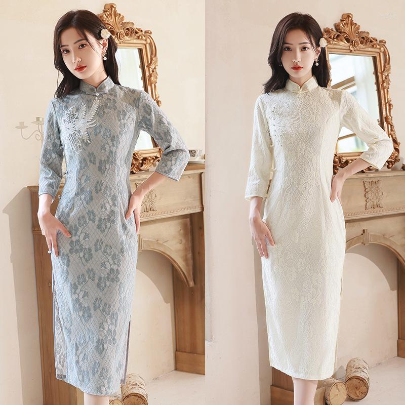 

Ethnic Clothing Exquisite Beaded Embroidery Applique Seven Points Sleeve Lace Chinese Women Qipao Elegant Mandarin Collar Chiffon Cheongsam