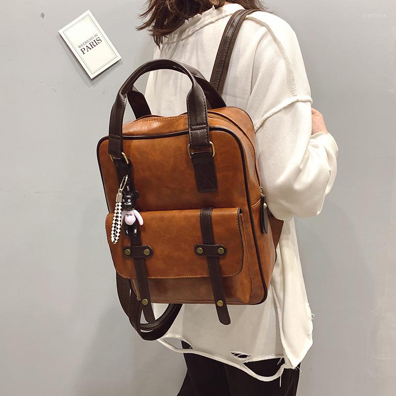 

School Bags Buylor Large Capacity Backpack Women PU Leather Retro Travel Anti-Theft Laptop Waterproof Student Bag, Black