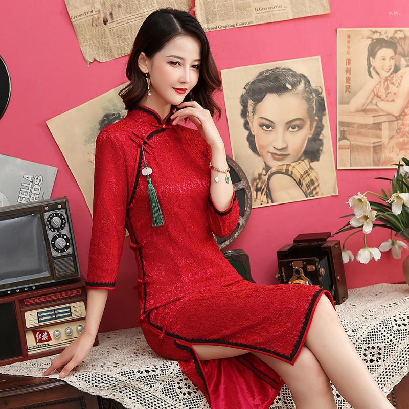 

Ethnic Clothing Sheng Coco Green Color Lace Traditional Chinese Dress For Women Cheongsam Fashion Medium Length Style Qipao Dresses