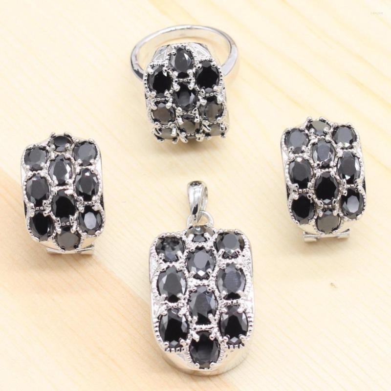 

Necklace Earrings Set 925 Silver Bridal For Women Black Cubic Zirconia Pendant Stud Rings Sets, Picture shown