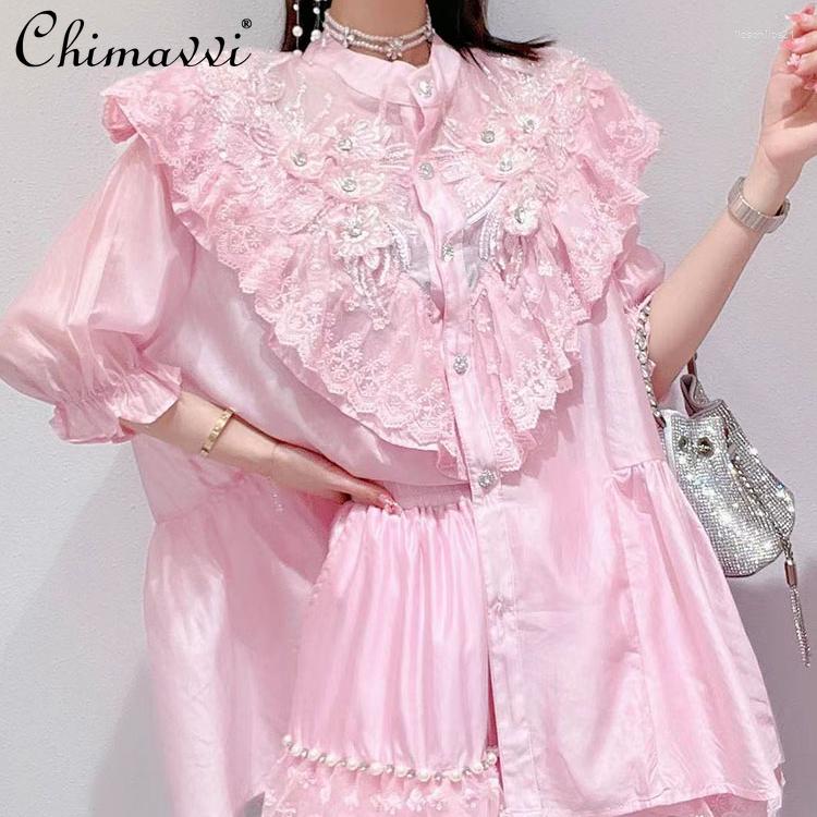 

Women's Tracksuits Sweet Outfit Women's 2023 Summer Korean Style Heavy Beads Lace Sun Protection Shirt Wide Leg Shorts Temperament, Pink