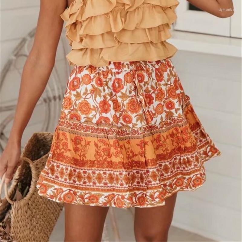 

Skirts Happie Queens Hippie Women Orange Floral Printed Tassel Boho Skirt Ladies High Elastic Waist Rayon Cotton Bohemian Mini, Picture shown