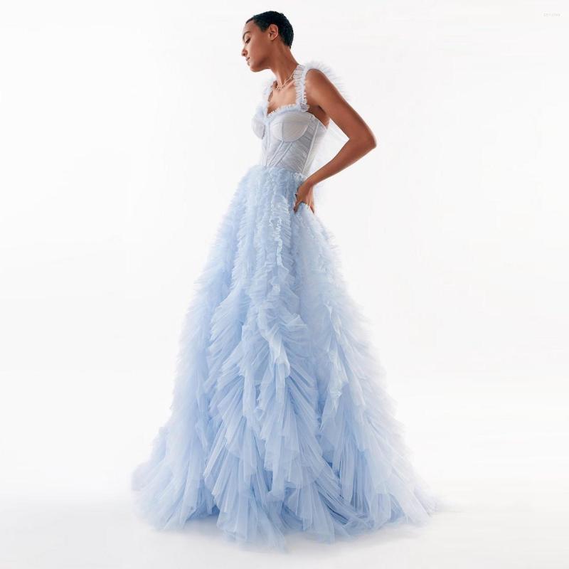 

Casual Dresses Custom Made Formal Sweetheart Lush Poshoot Sky Blue Layered Tulle Prom Gowns Flare Sexy Extra Ruffle Spaghetti, Yellow