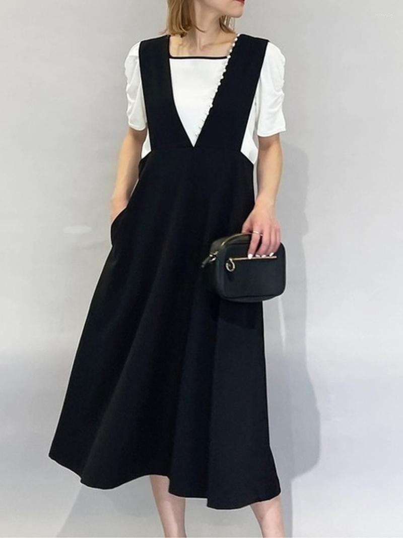 

Casual Dresses Japan Style Pearls Beading Tank Dress Deep V-neck Sleeveless A-line Robe Summer 2023 Solid Office Lady Elegant Vestidos, Black