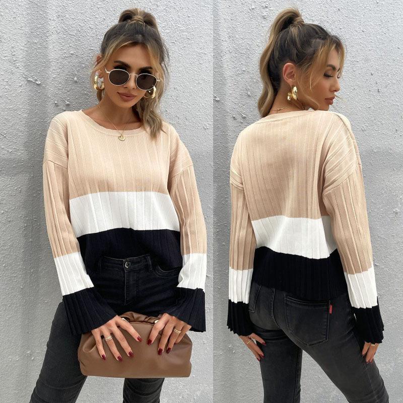 

Women' Sweaters Women' Color-blocking Round Neck Long-sleeved Knitted Sweater Casual Pullover Top 2023 Autumn And Winter Qn, Khaki