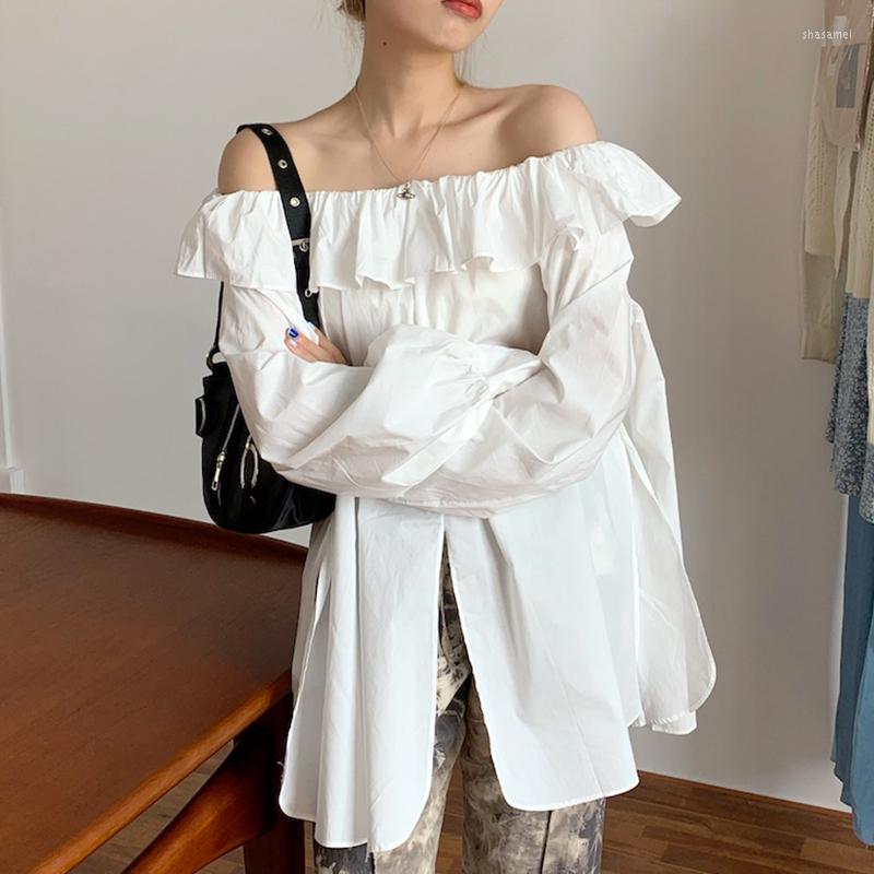 

Women's Blouses 2023 Korean Early Autumn Word Collar Blouse Female Strapless Ruffled Blusa Loose Casual Split Puff Sleeve Shirt DK1292, Khaki
