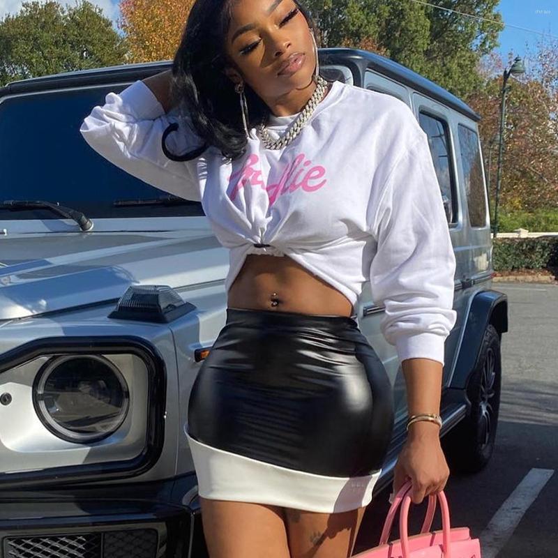 

Work Dresses Fashion Womens Spring Autumn Long-sleeved T-shirt Short Skirt Set Splicing Sexy Leather 2 Piece Sets Outfits, Black baddie