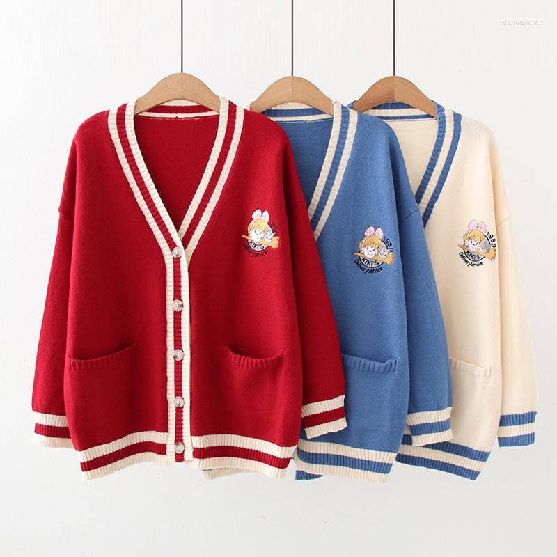 

Women's Knits Sweet Style Women Knit Cardigan Harakuju Cartoon Patchwork 2023 Winter V-neck Sweaters Korean Female Kawaii Jumpers Soft Top, Blue