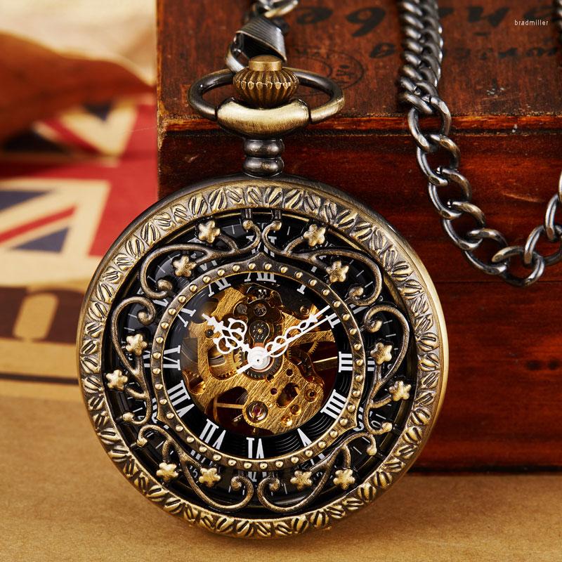 

Pocket Watches Vintage Mechanical Watch With Fob Chain Hollow Hand-winding Pendant Clock Men Women Gold Bronze Gift