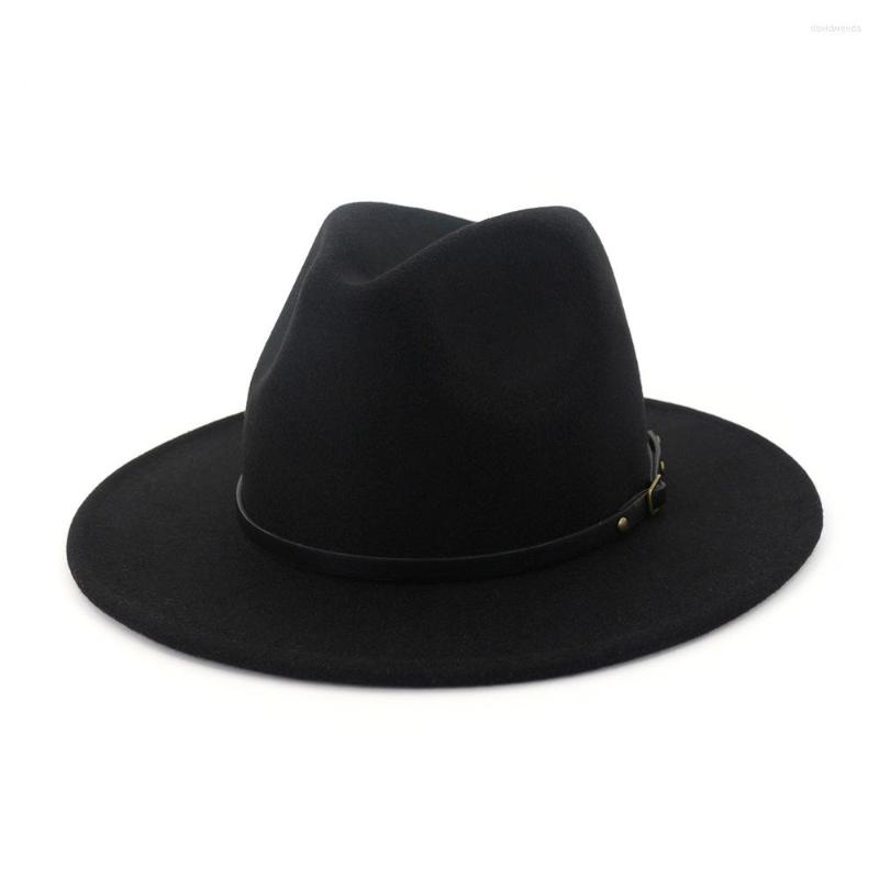 

Berets Fashion Women's Men Wool Felt Outback Hat Panama Wide Brim Belt Buckle Fedora Cowboy Hats Bowler Party HF40, Black