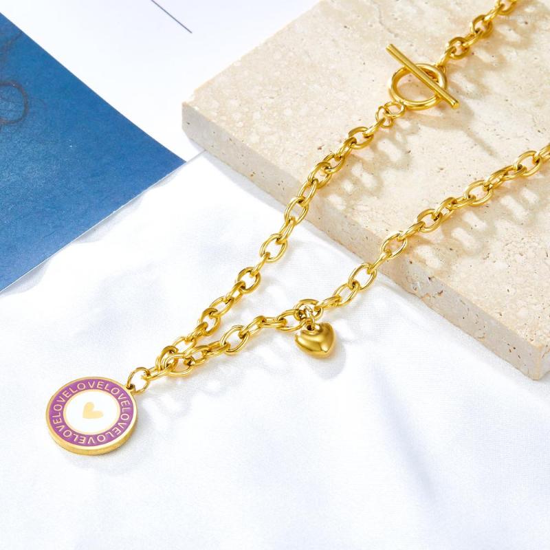 

Pendant Necklaces LUXUKISSKIDS Pink Necklace Girls Round Heart Pattern Collier Link Chains Grunge Y2K Thick Chain Lady Romantic Gifts