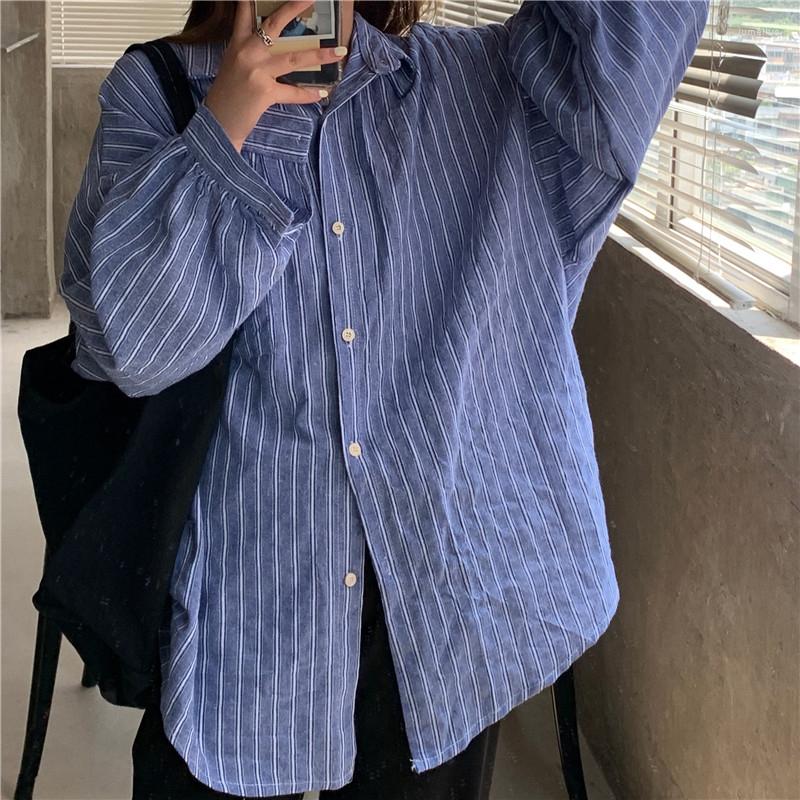 

Women's Polos Spring OL Casual Loose Shirts Vintage Elegant Stripe Blouse Women Female Korea Chic Oversized Tops Lantern Sleeve, As shown