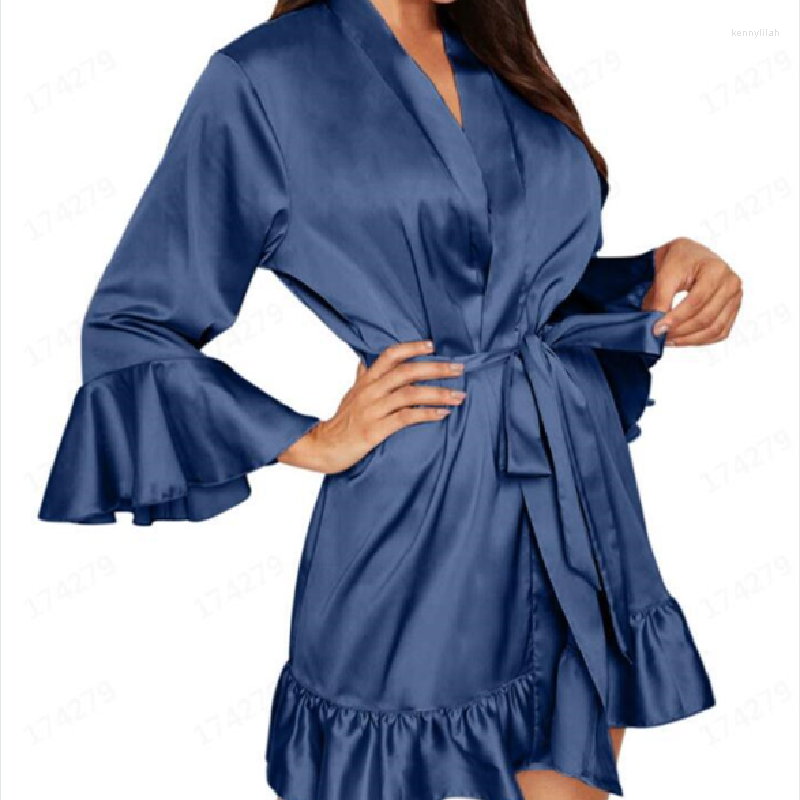 

Women's Sleepwear Women Satin Silk Kimono Robe Ruffle Sleeve Solid Color Nightgown With Sashes Sexy Lingerie Dressing Gown XXXL, A201
