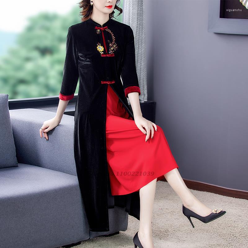 

Ethnic Clothing 2023 Traditional Chinese Improved Velvet Dress Qipao Oriental Evening Vestido National Flower Embroidery Vintage