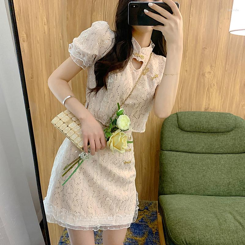 

Ethnic Clothing 2023 Chinese Dress Women Lace Sequins Design Qipao Improved Cheongsam Party Dresses Nightclub Girls 2 Piece