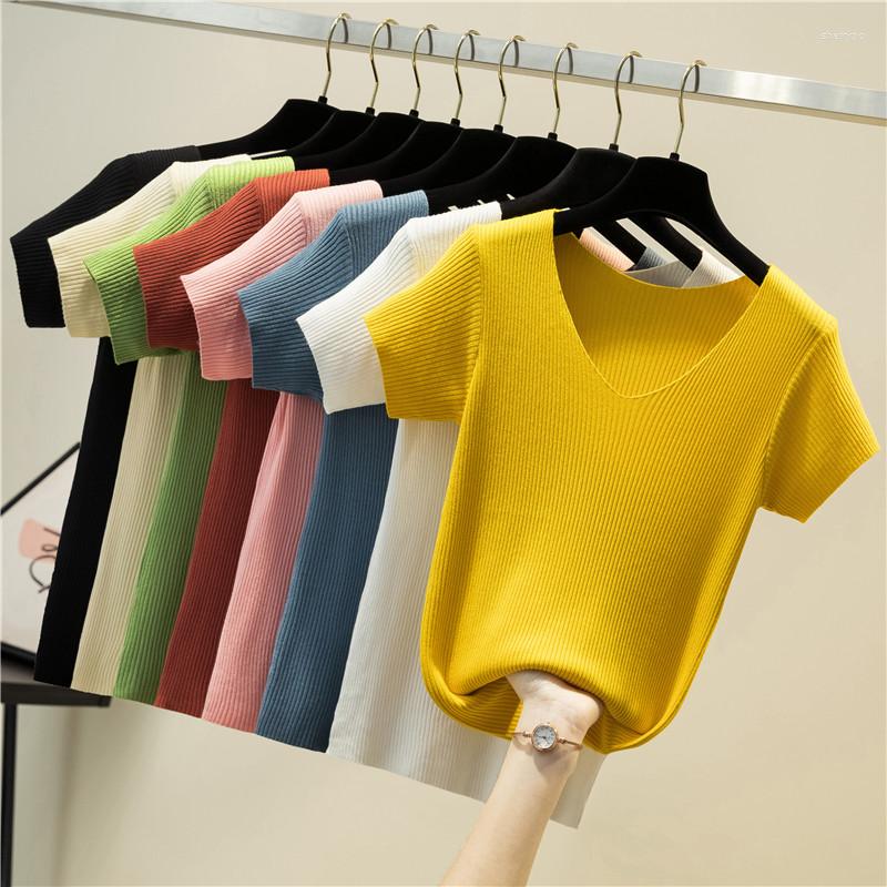 

Women's T Shirts White Shirt Short Sleeve V-neck Solid Knitted T-Shirt Women Slim Brief Tshirt Female Korean Style Sexy Crop Top Knitwear, Color 3