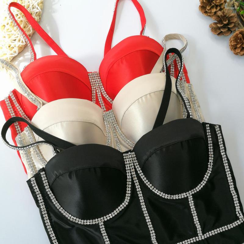 

Bras Sexy Slim Crop Top Camisole Women's Outer Wear Tight Waist Fishbone Tube Satin Glossy Beaded Gathered Rhinestone, As photoes showes