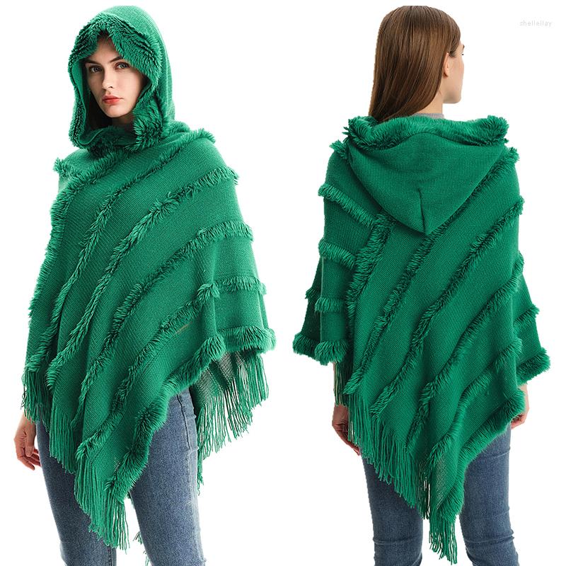 

Scarves 2023 Fashion Autumn Winter Cape Women's Poncho Solid Hooded Sweater Knitted Pullover Thicken Warm Green Cloak