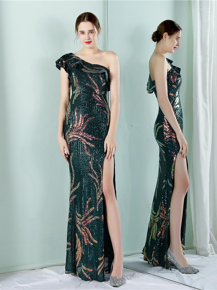

Casual Dresses IDress High Quality Sexy One Shoulder Floor Length Evening Dress Elegant Slit Sequin Summer Party Long Maxi, Black