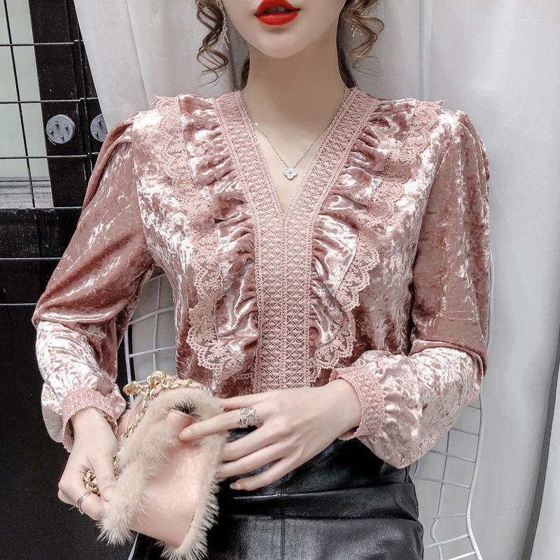 

Women' Blouses 2023 Korean Sweet Lace Ruffled V-Neck Shirt Women Spring Autumn Long Sleeve Slim Cozy Pullover Tops Fashion Glossy Blouse, Pink