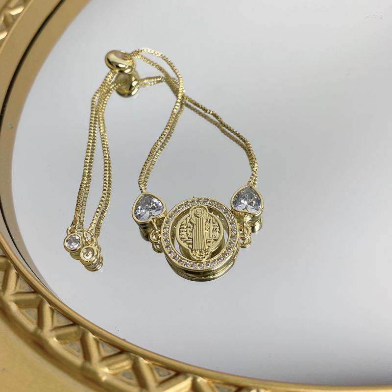 

Charm Bracelets Ins Micro Inliad Zircon CZ Virgin Mary Bracelet Link Heart Christian Gold Plated Tennis Chain