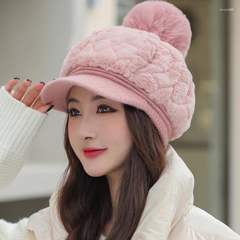 

Ball Caps Winter Women's Soft Pompom Plush Baseball Cap Thickening Warm Fashion Adjustable Faux Fur Outdoor Peaked Sun Hats, Black