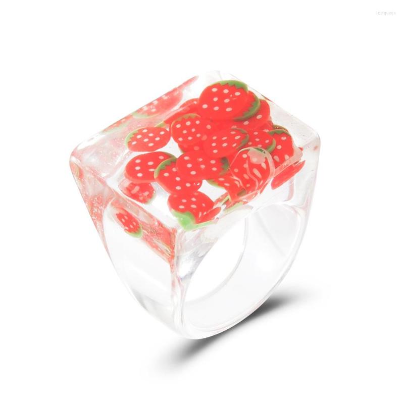 

Wedding Rings Transparent Fruit Epoxy Square Ring Resin Jewelry Cute For Women Colorful Party Gifts