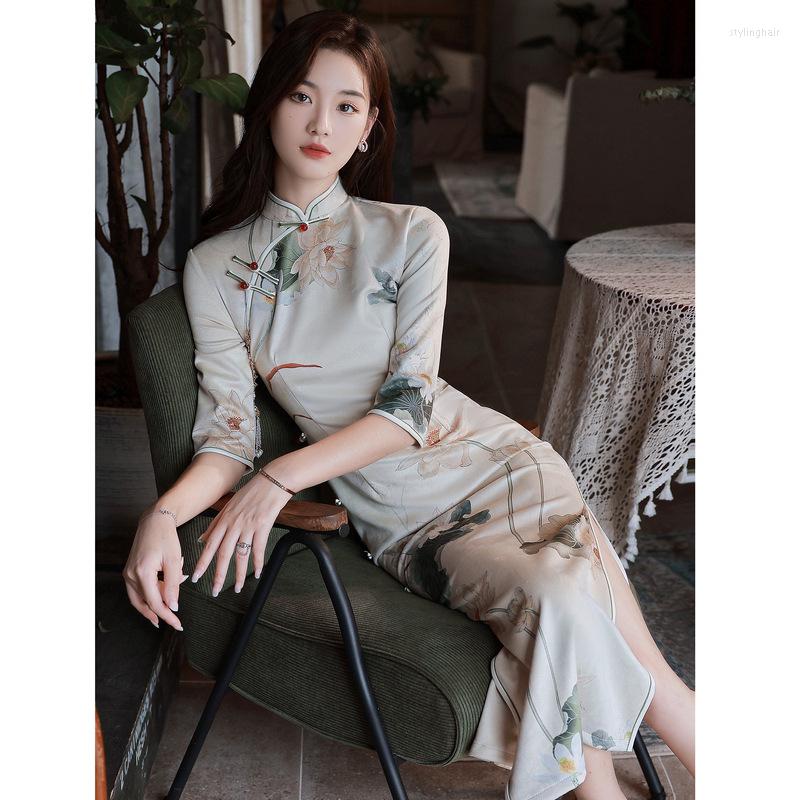 

Ethnic Clothing Spring Autumn Slim Long Chinese Style Cheongsam Dress Women Fashion Modern Qipao Traditional Suede