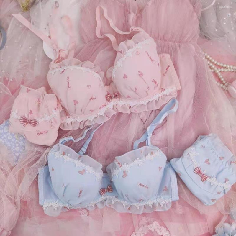 

Bras Sets Wriufred Girly Bra Set Comfortable Gathering Chiffon Print Lingerie Panty Sweet And Cute Underwired On Top Bralette, Pink