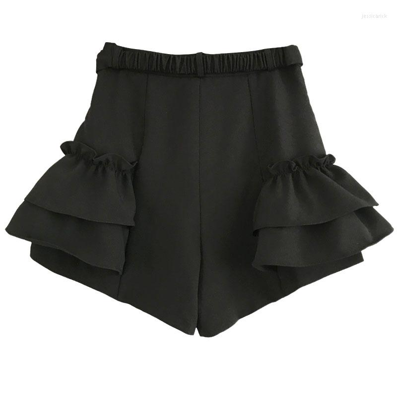 

Women' Shorts Rhinestone Ruffled Exquisite Skirt Women 2023 Spring Waist Belt Slim Fit Casual Wide-Leg Female Short Pants, Black