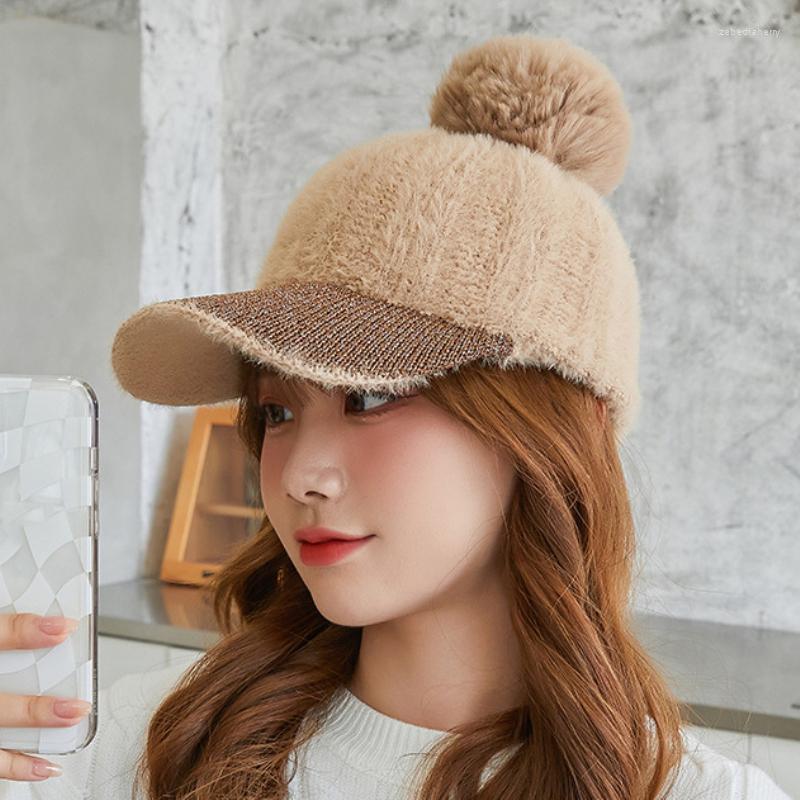 

Ball Caps HT3850 2023 Autumn Winter Hat For Women Snapback Cap Cute Big Fur Pompoms Knitted Baseball Lady Fleece, Black