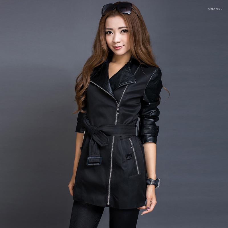 

Women' Trench Coats Long Sleeved Coat Women 2023 Spring And Autumn Europe Fashion Slim Zipper Stitching Leather Medium Style C, Black