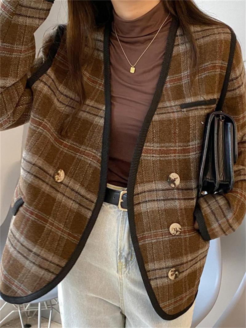 

Women' Jackets HririP -L Coffee Women Retro Plaid Classic Autumn 2023 Elegant Fashion Slim Office Lady Streetwear Casual Coats