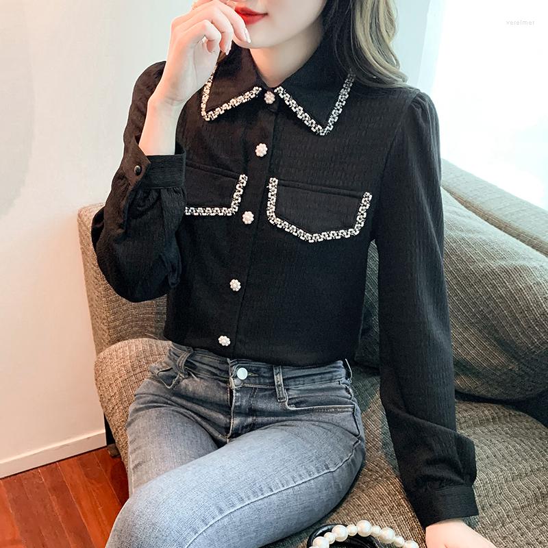 

Women' Blouses Long Sleeve Black Thick Shirts Women Pearl Button Elegant Blouse Femmes Blusas Mujer
