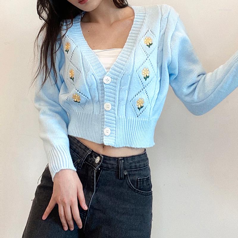 

Women's Knits Green Floral Jacquard Knitted Crop Tops Women Short Cardigan 2023 Winter Sleeve V-neck Girly Sweety Cropped Sweaters, Blue