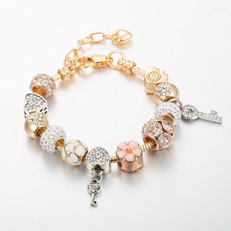 

Charm Bracelets Adjustable Length Gold Color Snake Chain For Women With Crystal Beads Key & Heart Female Jewelry