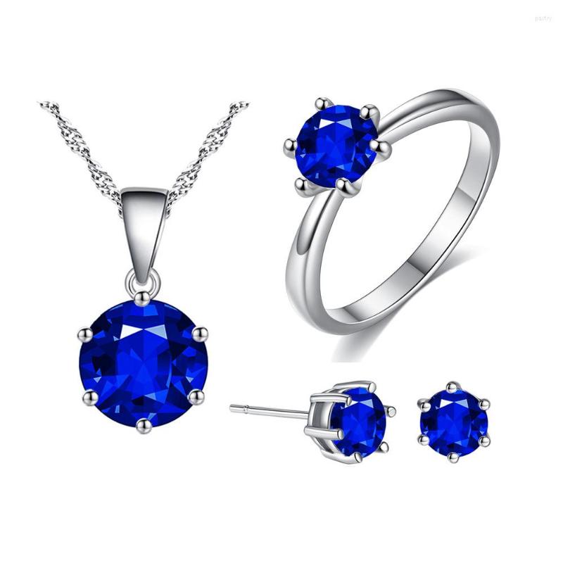 

Necklace Earrings Set Arrival Classic Round Cute Exquisite Royal Blue Cubic Zirconia Silver Fashion Women Wedding Jewelry Party Gift, Picture shown