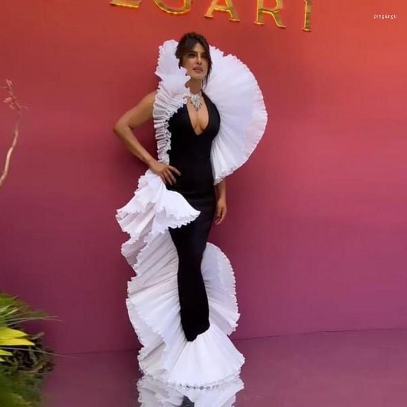 

Casual Dresses Red Carpet Formal Dress Sexy Open Back Vestido De Festa Fashion Woman Ruffles Evening Gown Lace Up Layerd Black White, Purple