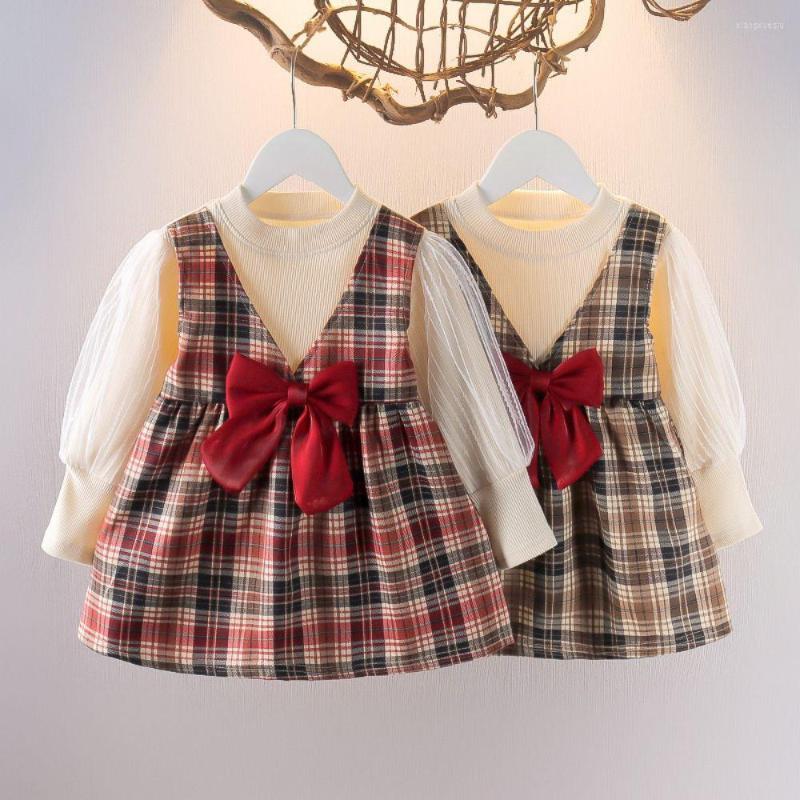 

Girl Dresses 2023 Kids Plaid Dress For Patchwork Gauze Princess 1-5Y Young Children Casual Clothes Spring Long Sleeve Bow Robe, Red