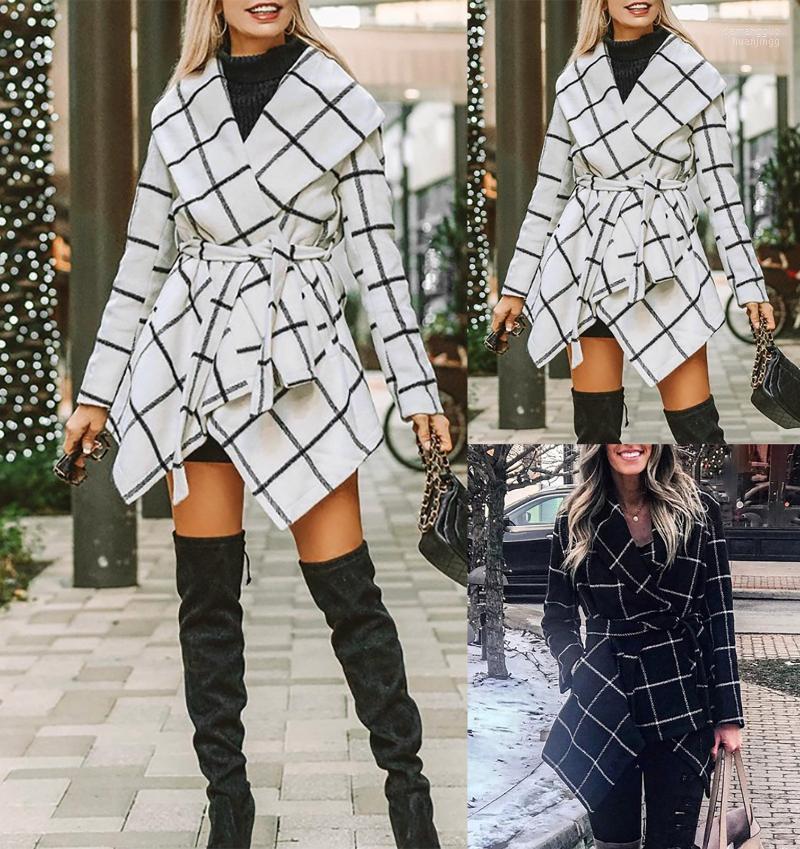 

Women' Jackets Women' Fashion Irregular Shawl Collar Earth Tone Plaid Casual Coat Fall Women Korean Style Long Sleeve, Wh