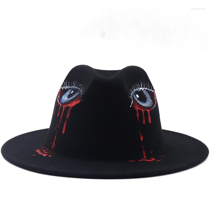 

Berets 2023 Handmade Painted Eye Wool Felt Black Fedora Hat For Women/Men Wide Brim Autumn Winter Panama Jazz Cap
